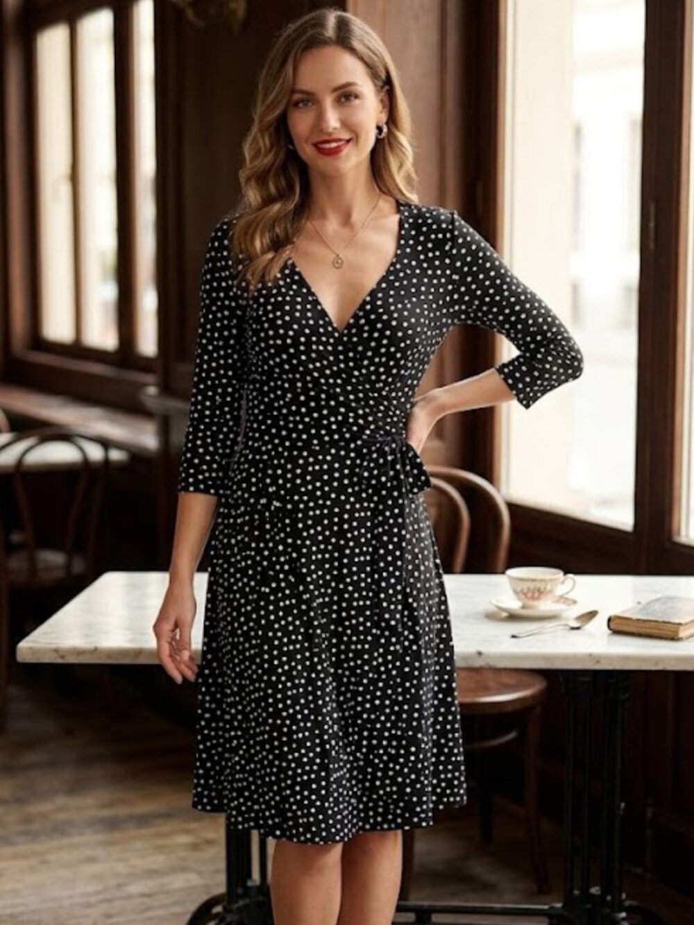Leota Black White Polka Dot Faux Wrap Jersey Dress XL 3/4 Sleeve Retro Stretch